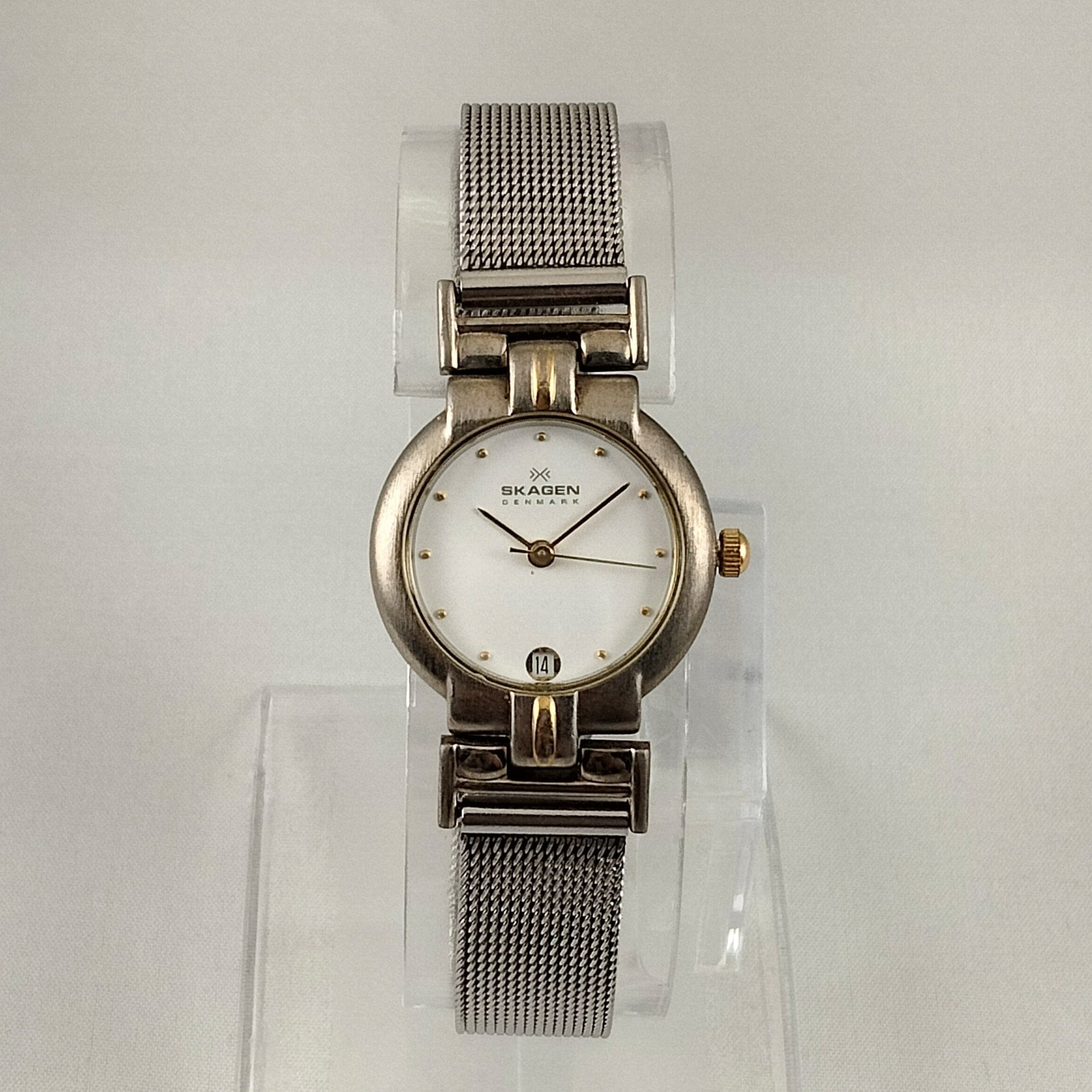 I Like Mikes Mid Century Modern Watches Skagen Women's Stainless Steel Watch, Gold Tone Dot Hour Markers, Date Window, Mesh Strap