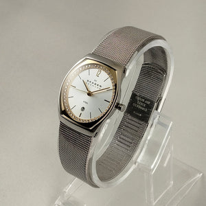 I Like Mikes Mid Century Modern Watches Skagen Women's Stainless Steel Watch, Jewel Framed Face, Mesh Strap