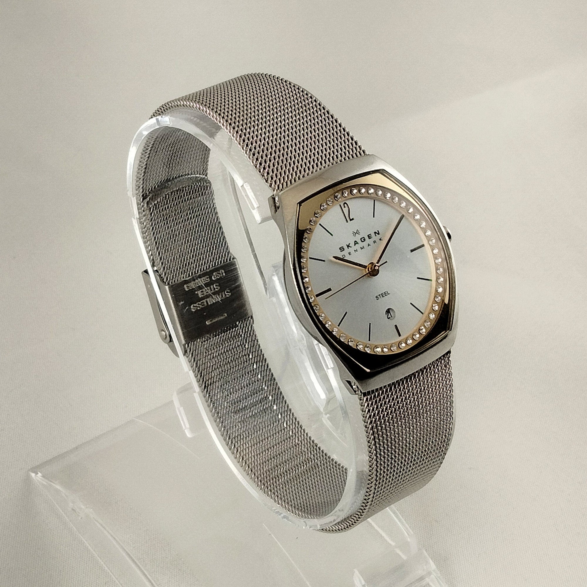 I Like Mikes Mid Century Modern Watches Skagen Women's Stainless Steel Watch, Jewel Framed Face, Mesh Strap