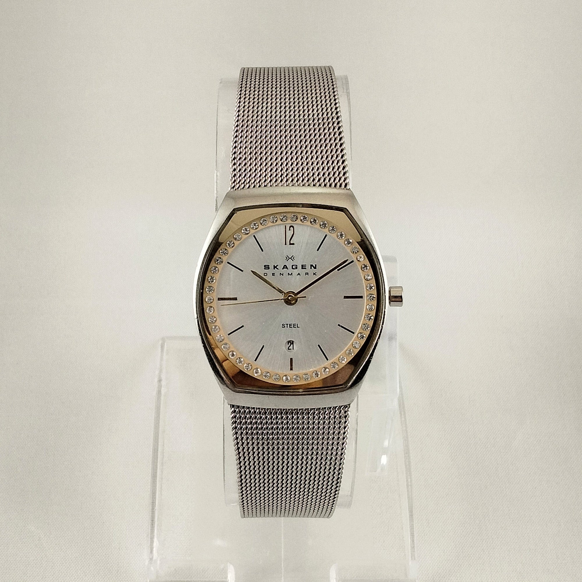 I Like Mikes Mid Century Modern Watches Skagen Women's Stainless Steel Watch, Jewel Framed Face, Mesh Strap