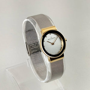 I Like Mikes Mid Century Modern Watches Skagen Women's Stainless Steel Watch, Jewel Hour Markers, Gold Tone Face Frame, Mesh Strap