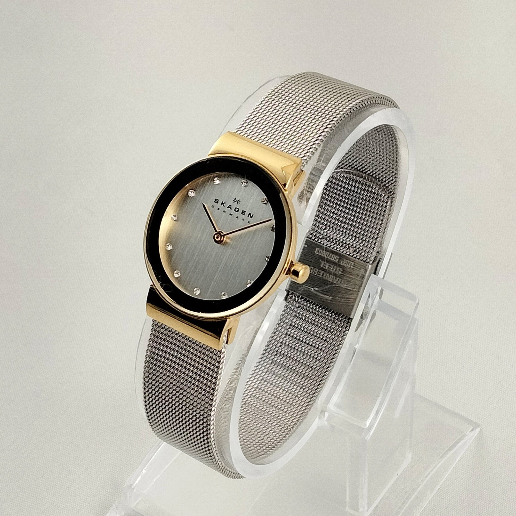 I Like Mikes Mid Century Modern Watches Skagen Women's Stainless Steel Watch, Jewel Hour Markers, Gold Tone Face Frame, Mesh Strap