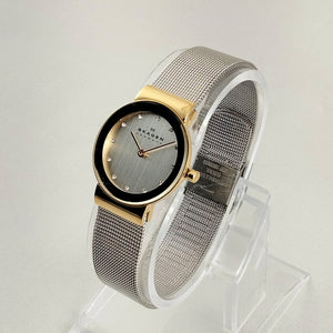 I Like Mikes Mid Century Modern Watches Skagen Women's Stainless Steel Watch, Jewel Hour Markers, Gold Tone Face Frame, Mesh Strap