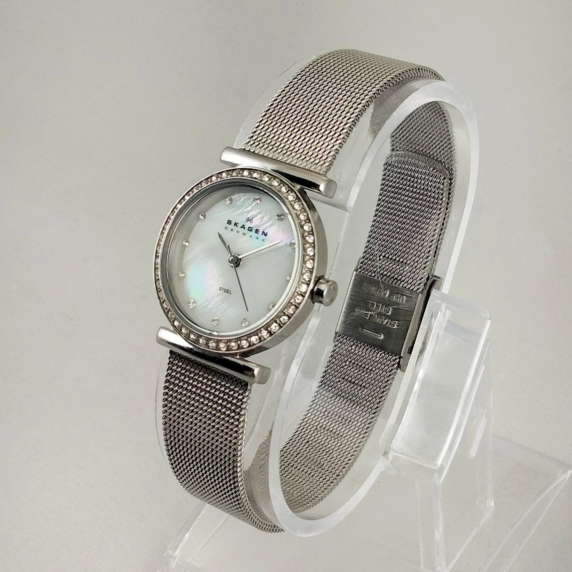 I Like Mikes Mid Century Modern Watches Skagen Women's Stainless Steel Watch, Mother of Pearl Dial, Jewel Hour Markers and Border, Mesh Strap