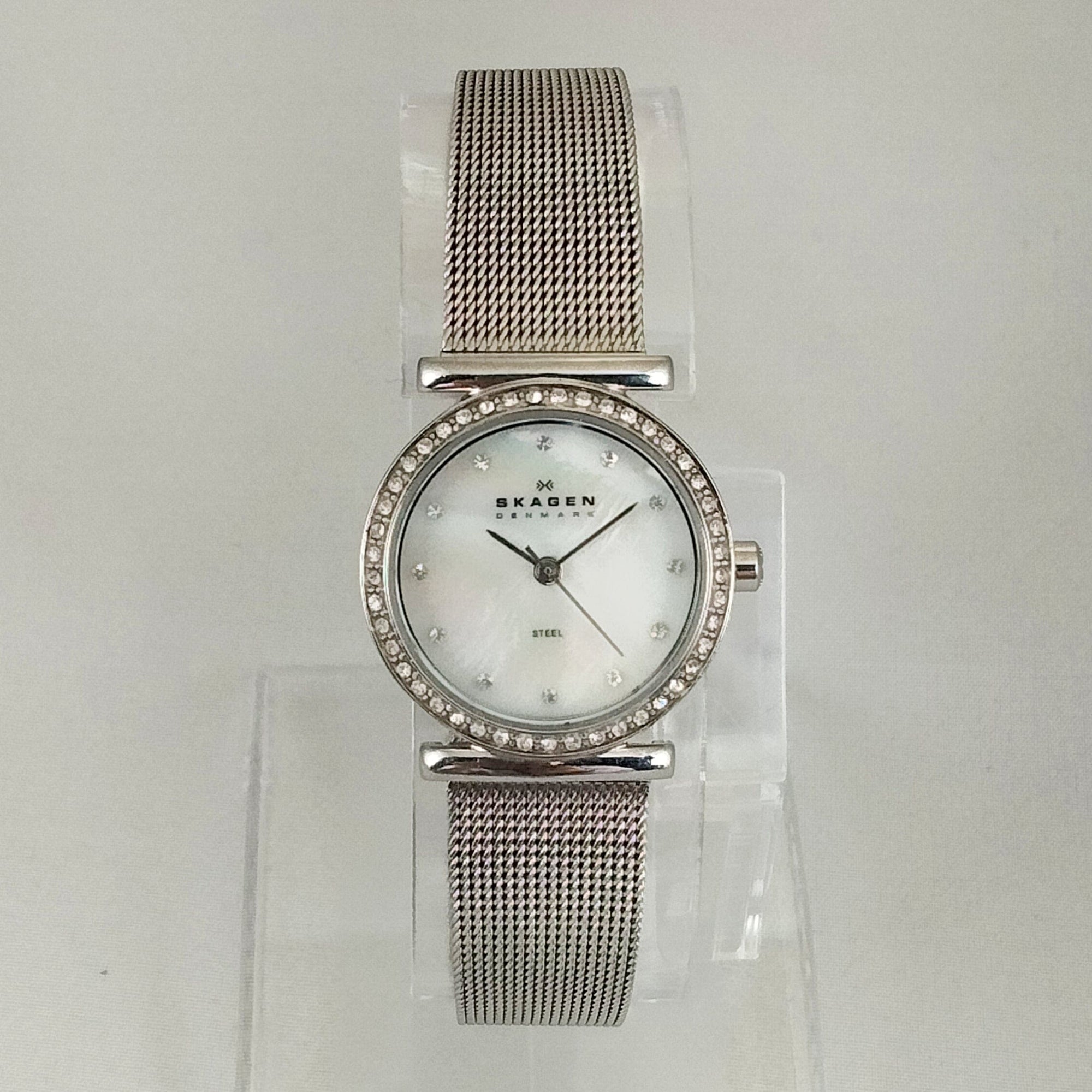 I Like Mikes Mid Century Modern Watches Skagen Women's Stainless Steel Watch, Mother of Pearl Dial, Jewel Hour Markers and Border, Mesh Strap