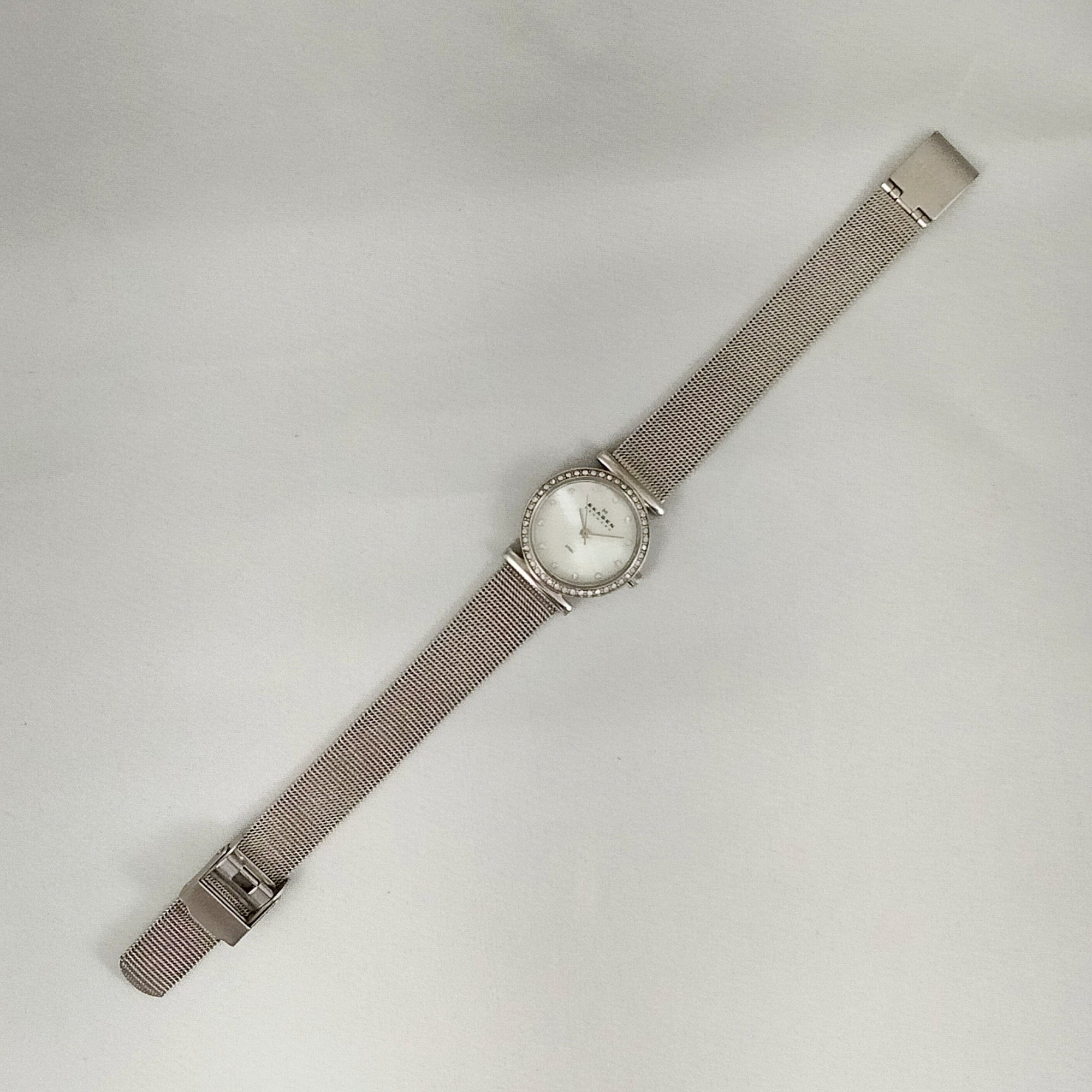 I Like Mikes Mid Century Modern Watches Skagen Women's Stainless Steel Watch, Mother of Pearl Dial, Jewel Hour Markers and Border, Mesh Strap