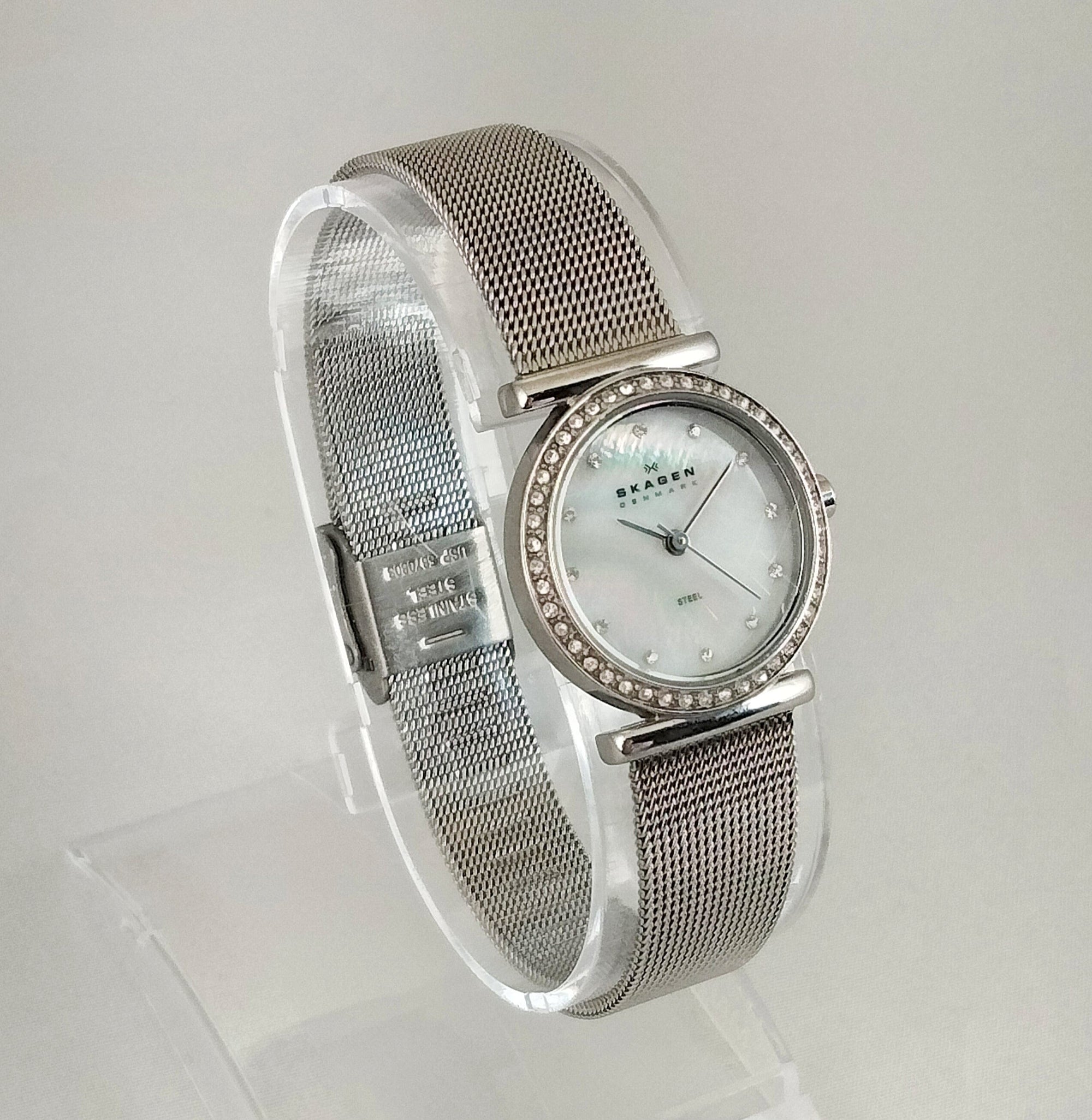 I Like Mikes Mid Century Modern Watches Skagen Women's Stainless Steel Watch, Mother of Pearl Dial, Jewel Hour Markers and Border, Mesh Strap