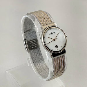 I Like Mikes Mid Century Modern Watches Skagen Women's Stainless Steel Watch, Mother of Pearl Dial, Jewel Hour Markers, Date Window, Gold Tone and Steel Mesh Strap