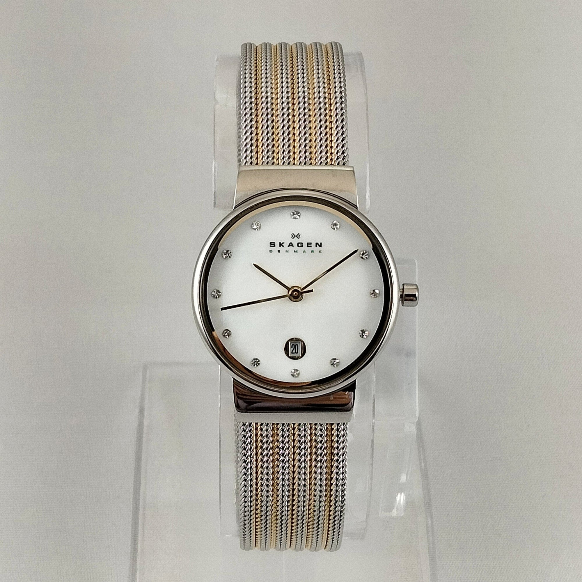 I Like Mikes Mid Century Modern Watches Skagen Women's Stainless Steel Watch, Mother of Pearl Dial, Jewel Hour Markers, Date Window, Gold Tone and Steel Mesh Strap