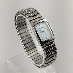 I Like Mikes Mid Century Modern Watches Skagen Women's Stainless Steel Watch, Mother of Pearl Dial, Jewel Hour Markers, Stretch Bracelet Strap