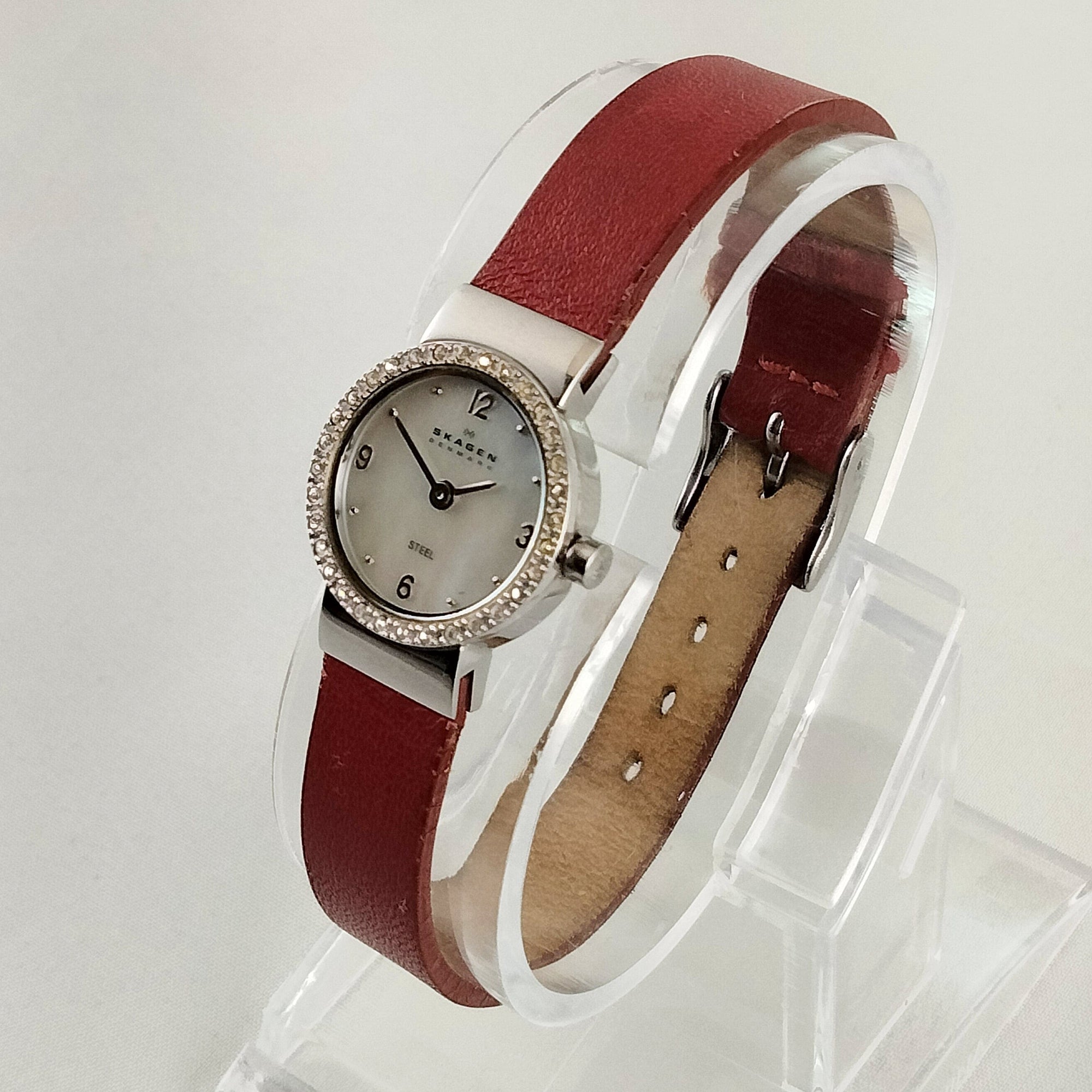 I Like Mikes Mid Century Modern Watches Skagen Women's Stainless Steel Watch, Mother of Pearl Dial, Red Leather Strap, Jewel Details