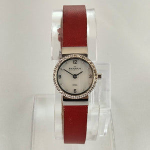 I Like Mikes Mid Century Modern Watches Skagen Women's Stainless Steel Watch, Mother of Pearl Dial, Red Leather Strap, Jewel Details