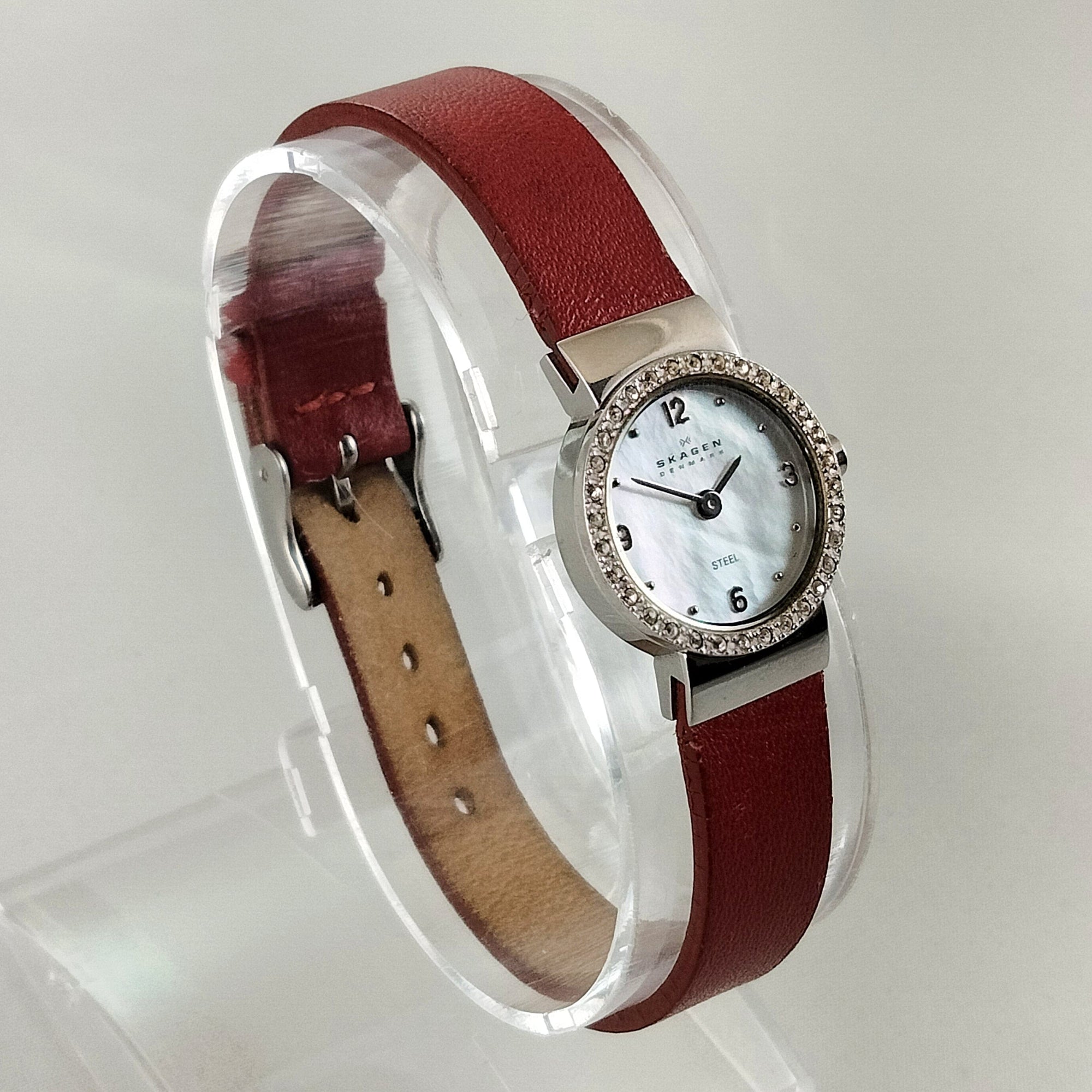 I Like Mikes Mid Century Modern Watches Skagen Women's Stainless Steel Watch, Mother of Pearl Dial, Red Leather Strap, Jewel Details
