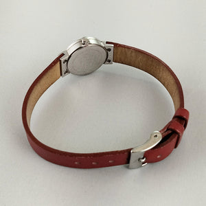 I Like Mikes Mid Century Modern Watches Skagen Women's Stainless Steel Watch, Mother of Pearl Dial, Red Leather Strap, Jewel Details