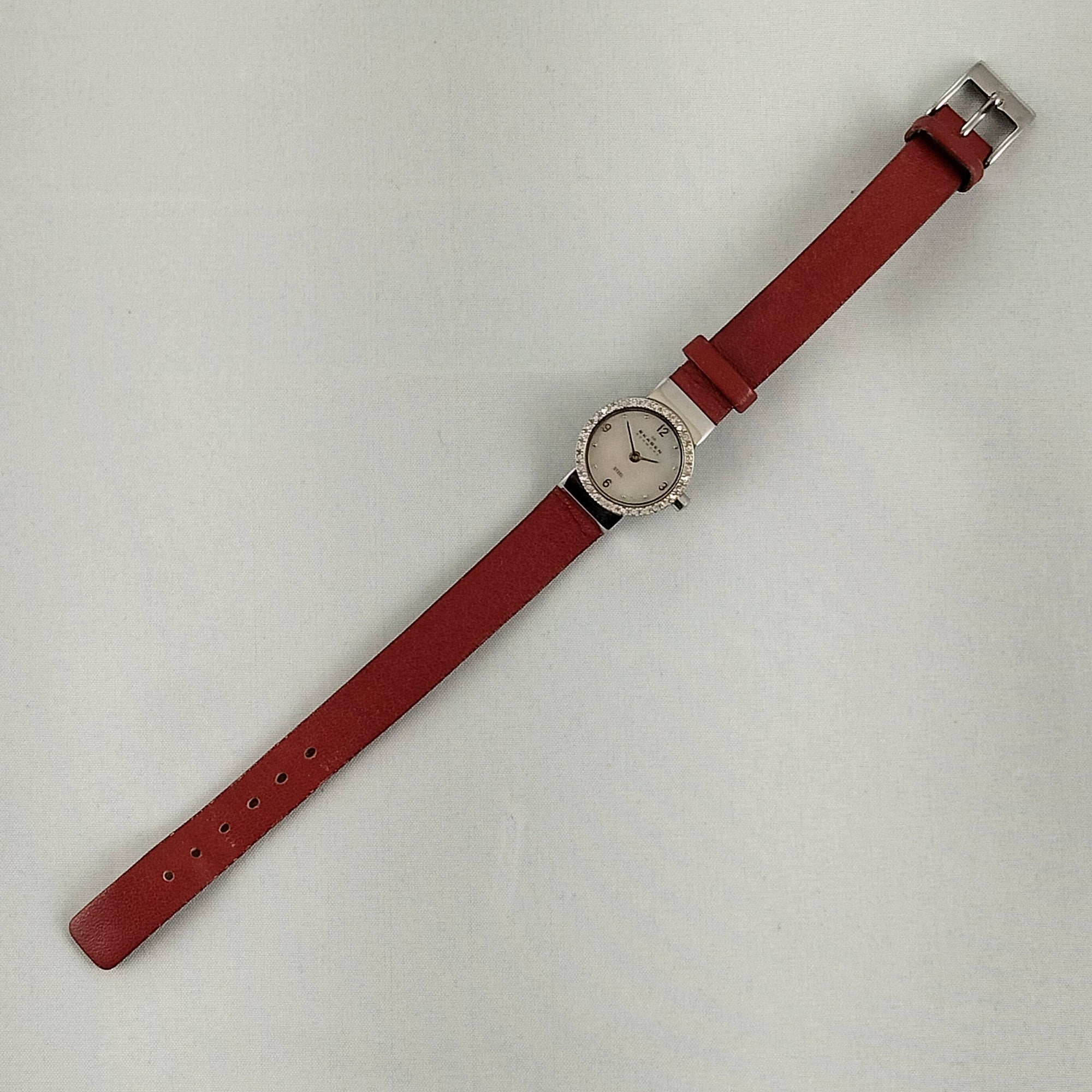 I Like Mikes Mid Century Modern Watches Skagen Women's Stainless Steel Watch, Mother of Pearl Dial, Red Leather Strap, Jewel Details