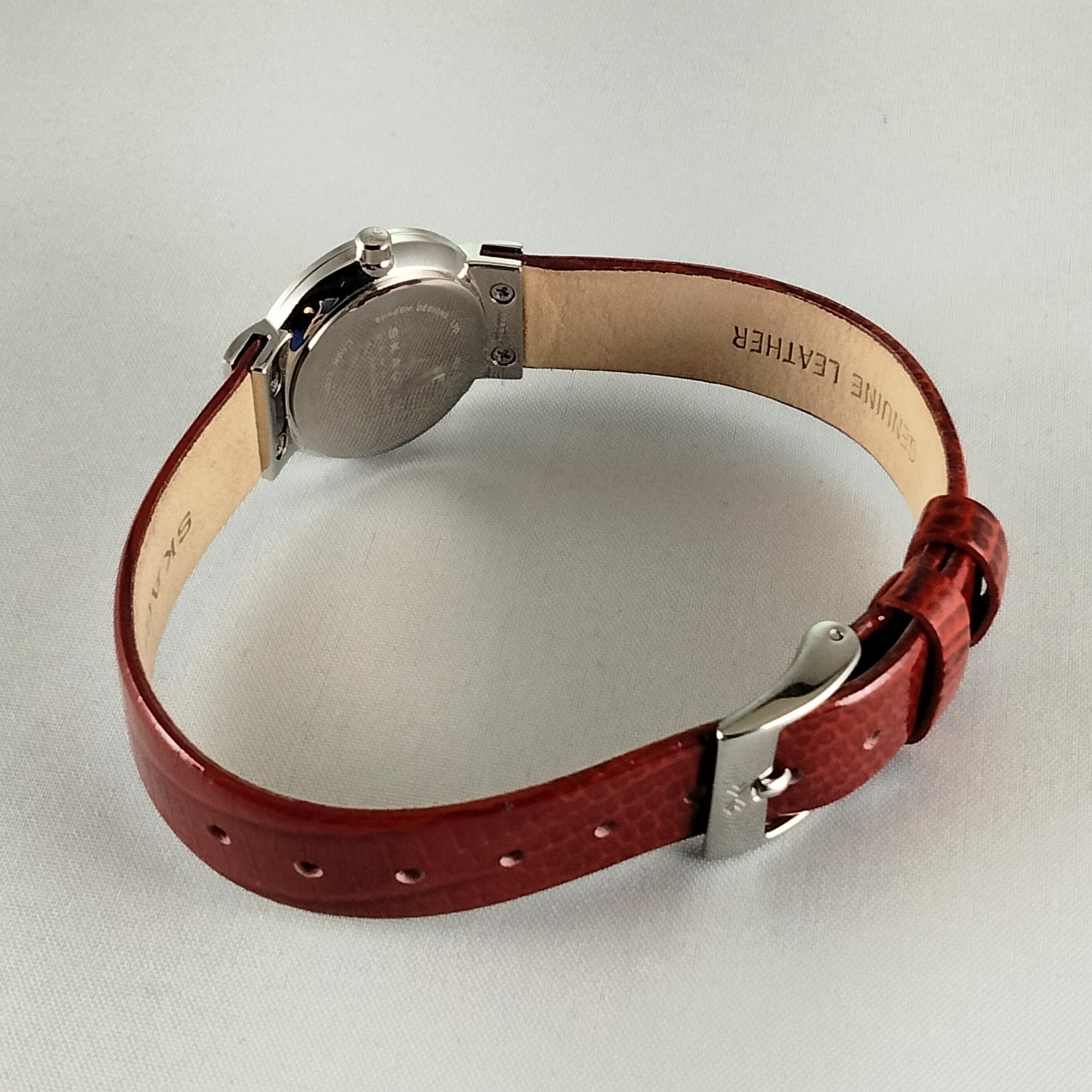 I Like Mikes Mid Century Modern Watches Skagen Women's Stainless Steel Watch, Mother of Pearl Dial, Red Patent Leather Strap
