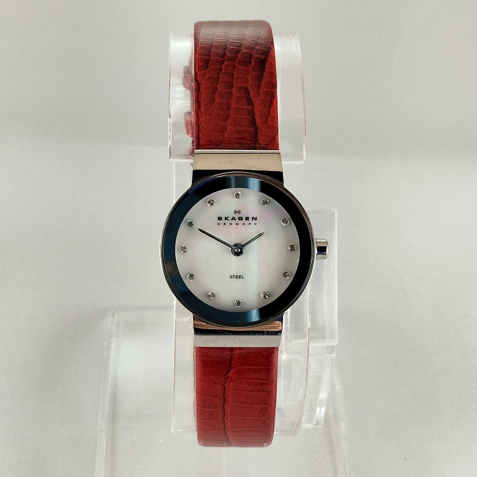 I Like Mikes Mid Century Modern Watches Skagen Women's Stainless Steel Watch, Mother of Pearl Dial, Red Patent Leather Strap