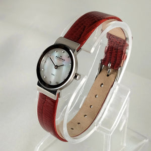 I Like Mikes Mid Century Modern Watches Skagen Women's Stainless Steel Watch, Mother of Pearl Dial, Red Patent Leather Strap