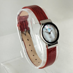 I Like Mikes Mid Century Modern Watches Skagen Women's Stainless Steel Watch, Mother of Pearl Dial, Red Patent Leather Strap