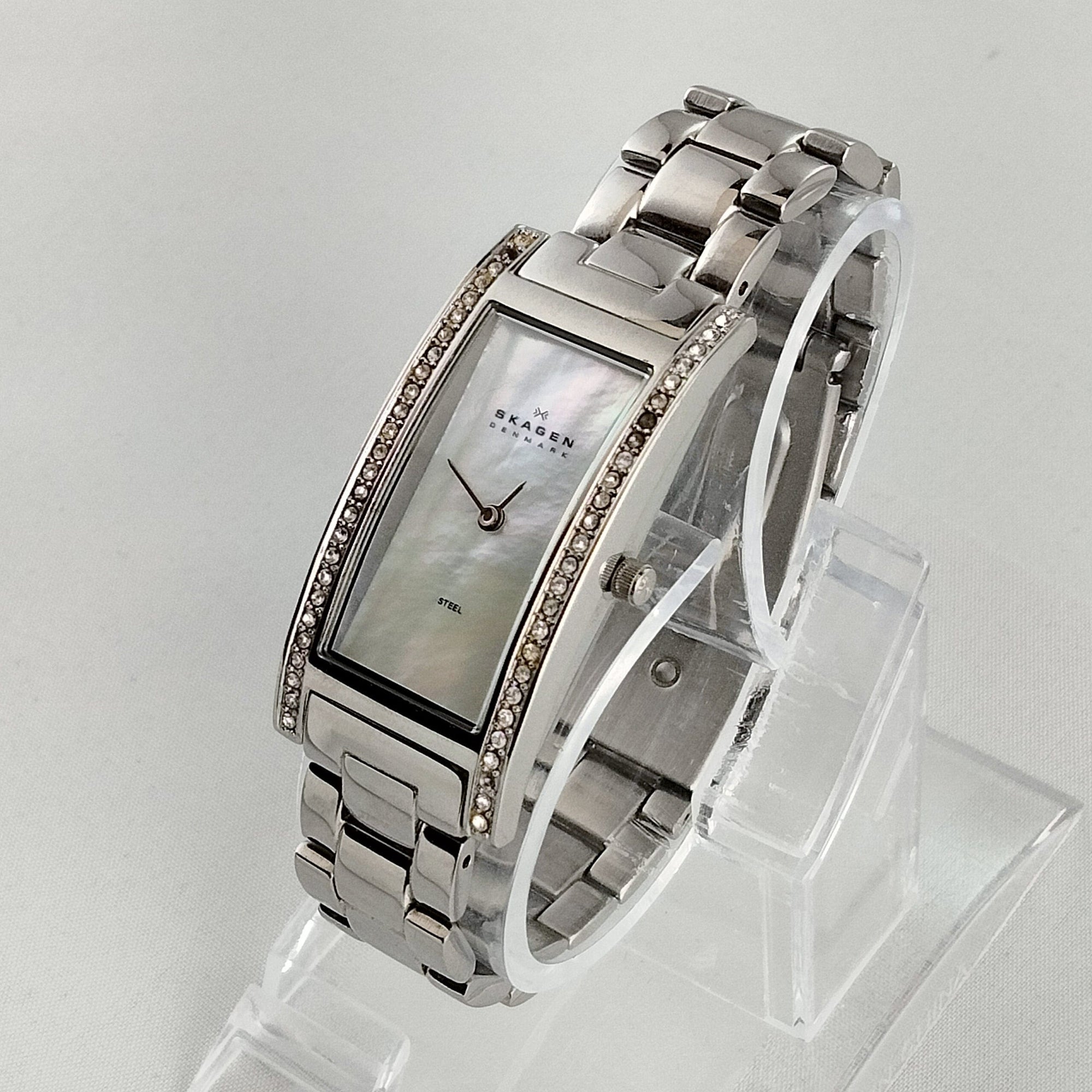 I Like Mikes Mid Century Modern Watches Skagen Women's Stainless Steel Watch, Mother of Pearl Rectangular Dial, Jewel Details, Link Bracelet
