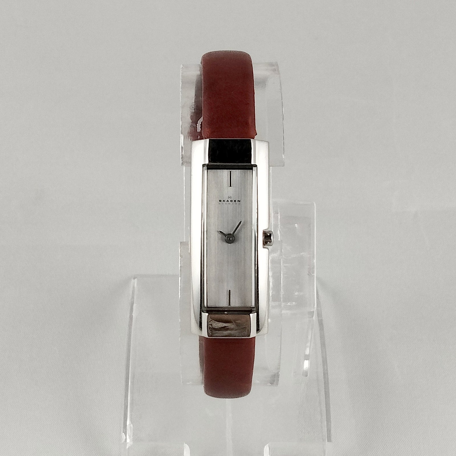 I Like Mikes Mid Century Modern Watches Skagen Women's Stainless Steel Watch, Rectangular Dial, Thin Red Genuine Leather Strap