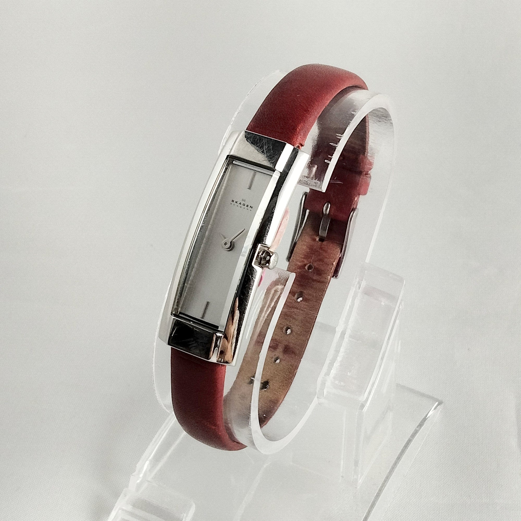 I Like Mikes Mid Century Modern Watches Skagen Women's Stainless Steel Watch, Rectangular Dial, Thin Red Genuine Leather Strap