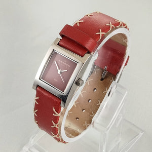 I Like Mikes Mid Century Modern Watches Skagen Women's Stainless Steel Watch, Red Dial, Red Leather Strap with White Stitching