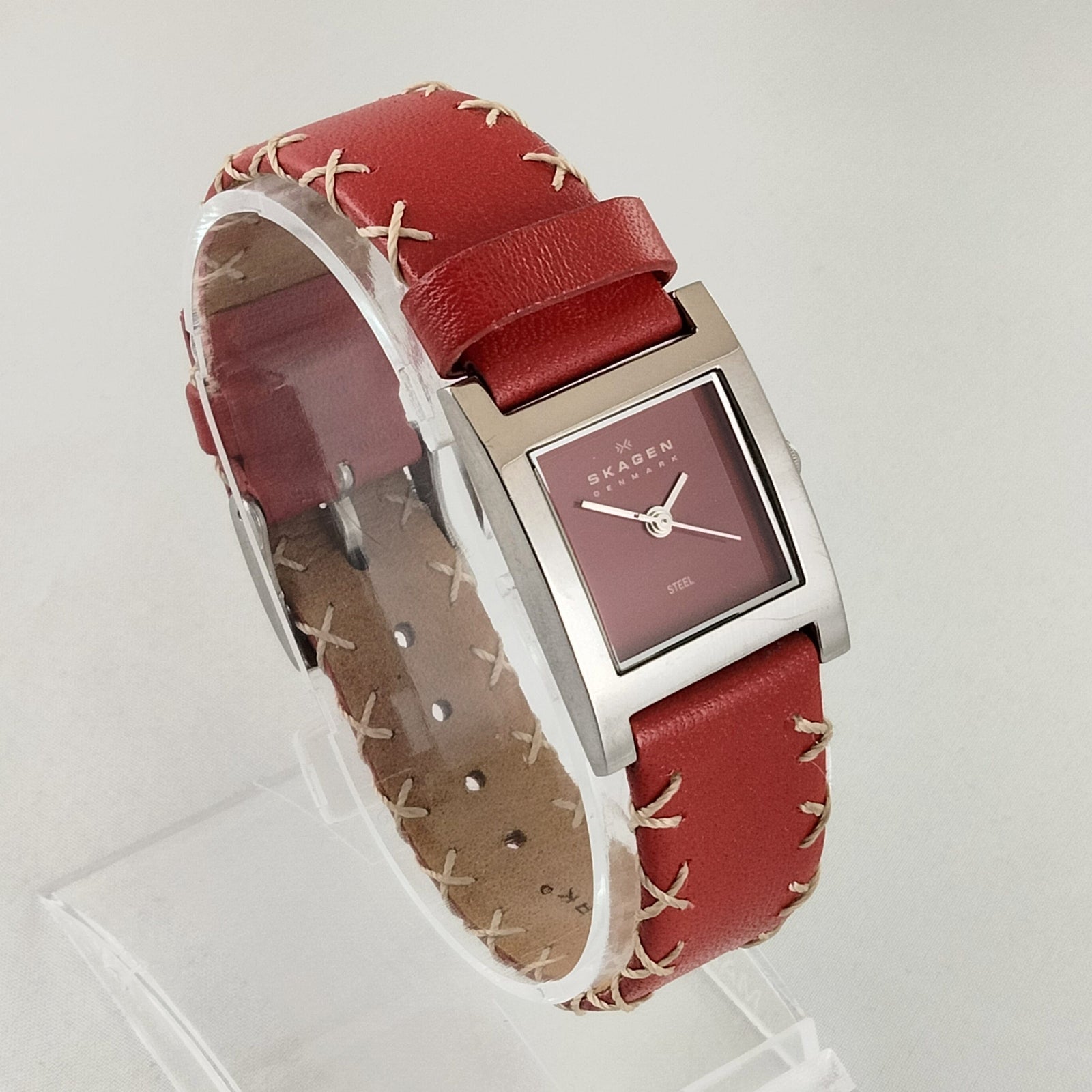 I Like Mikes Mid Century Modern Watches Skagen Women's Stainless Steel Watch, Red Dial, Red Leather Strap with White Stitching