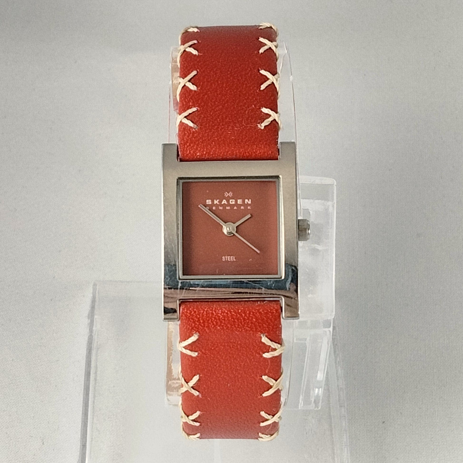 I Like Mikes Mid Century Modern Watches Skagen Women's Stainless Steel Watch, Red Dial, Red Leather Strap with White Stitching