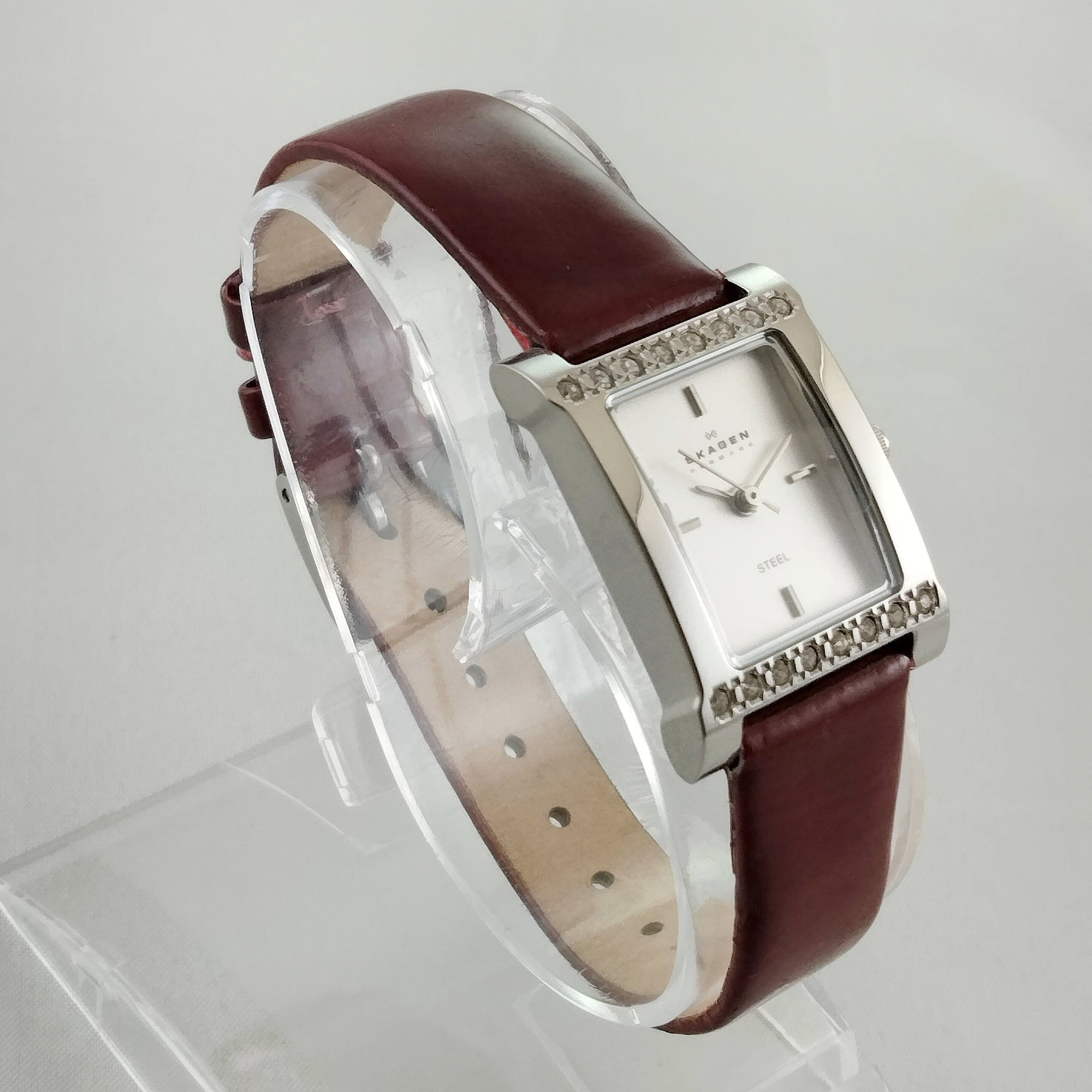 I Like Mikes Mid Century Modern Watches Skagen Women's Stainless Steel Watch, Red Patent Leather Strap, Jewel Details