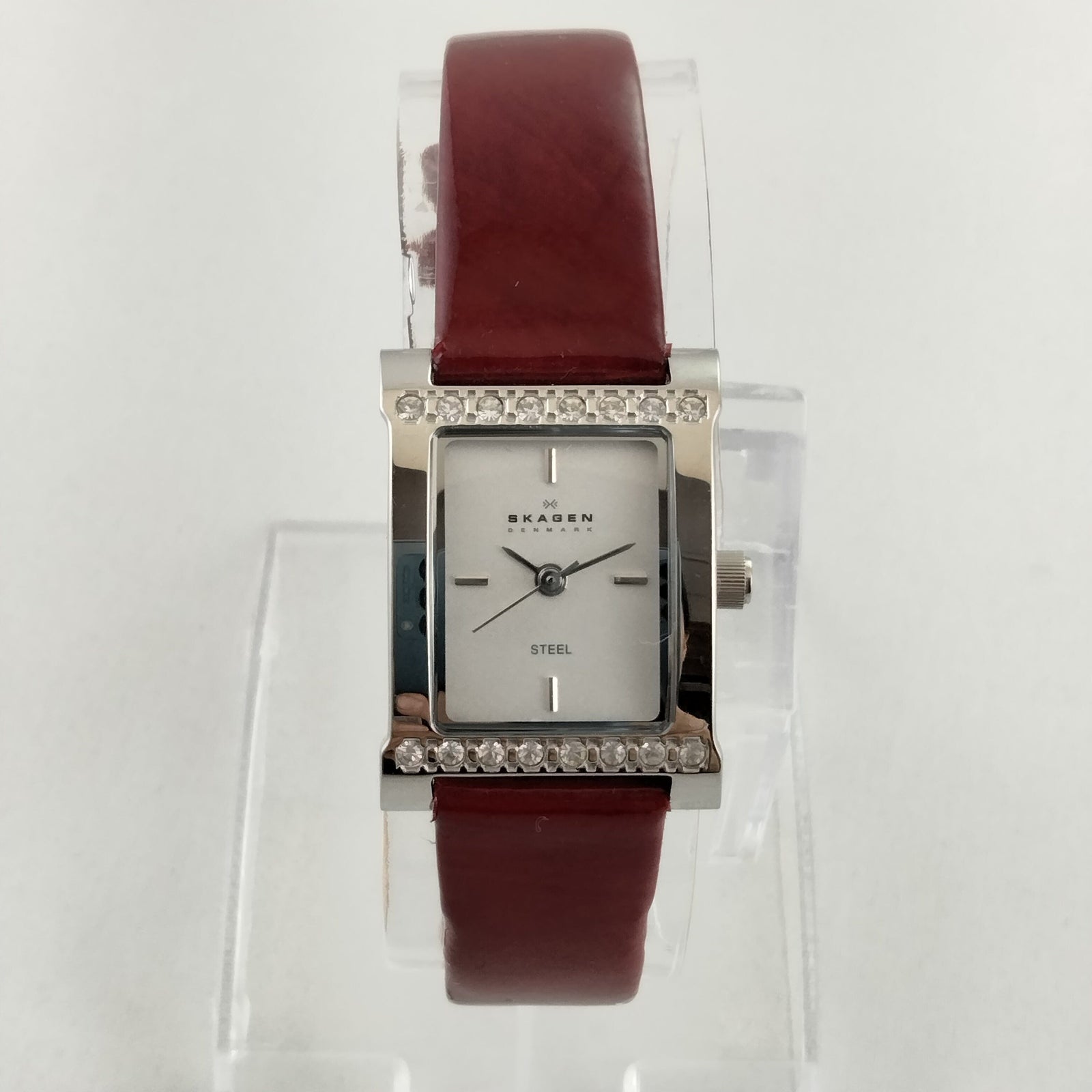 I Like Mikes Mid Century Modern Watches Skagen Women's Stainless Steel Watch, Red Patent Leather Strap, Jewel Details