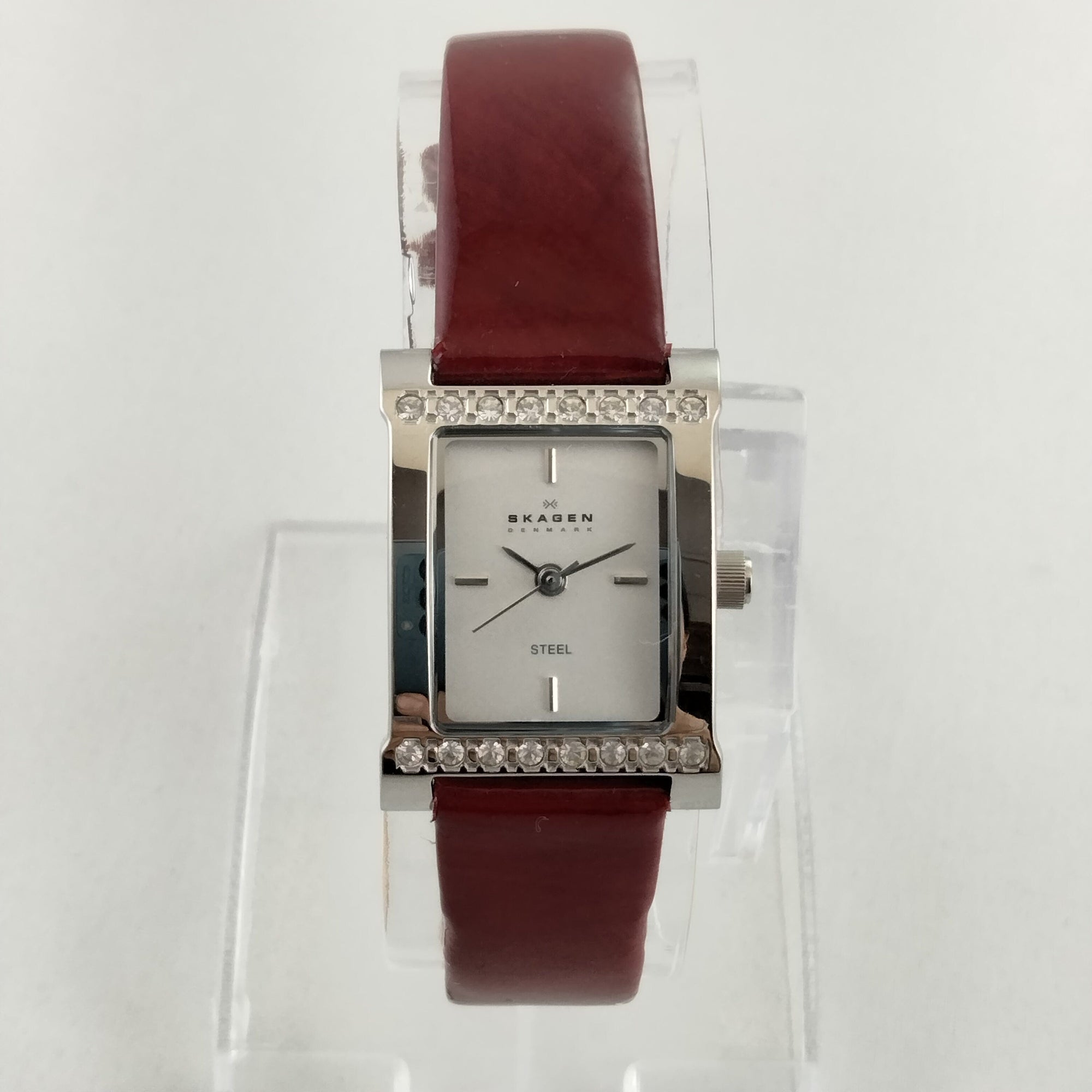 I Like Mikes Mid Century Modern Watches Skagen Women's Stainless Steel Watch, Red Patent Leather Strap, Jewel Details