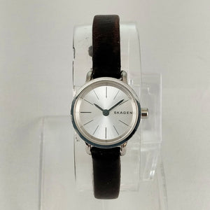 I Like Mikes Mid Century Modern Watches Skagen Women's Stainless Steel Watch, Thin Dark Brown Leather Strap