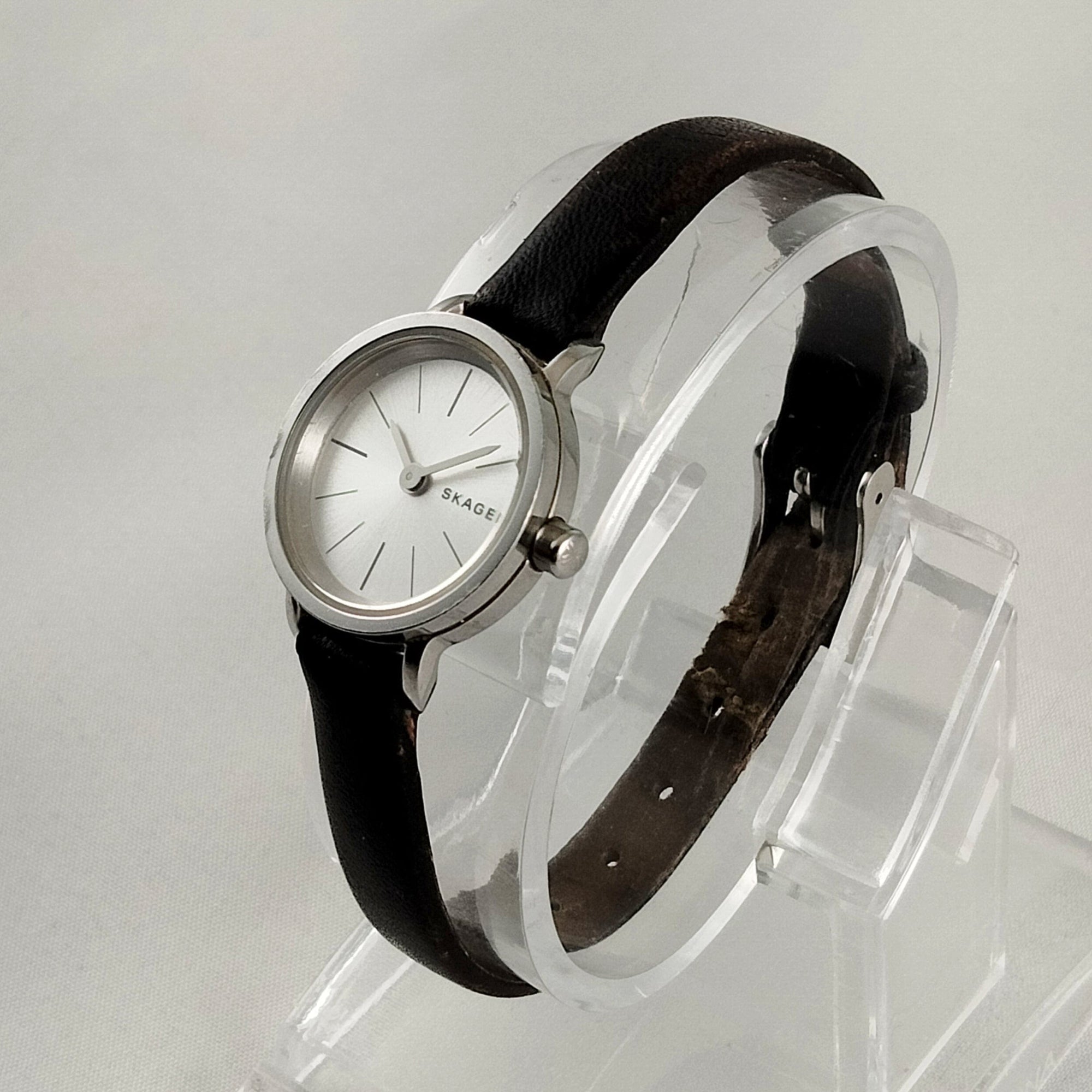 I Like Mikes Mid Century Modern Watches Skagen Women's Stainless Steel Watch, Thin Dark Brown Leather Strap