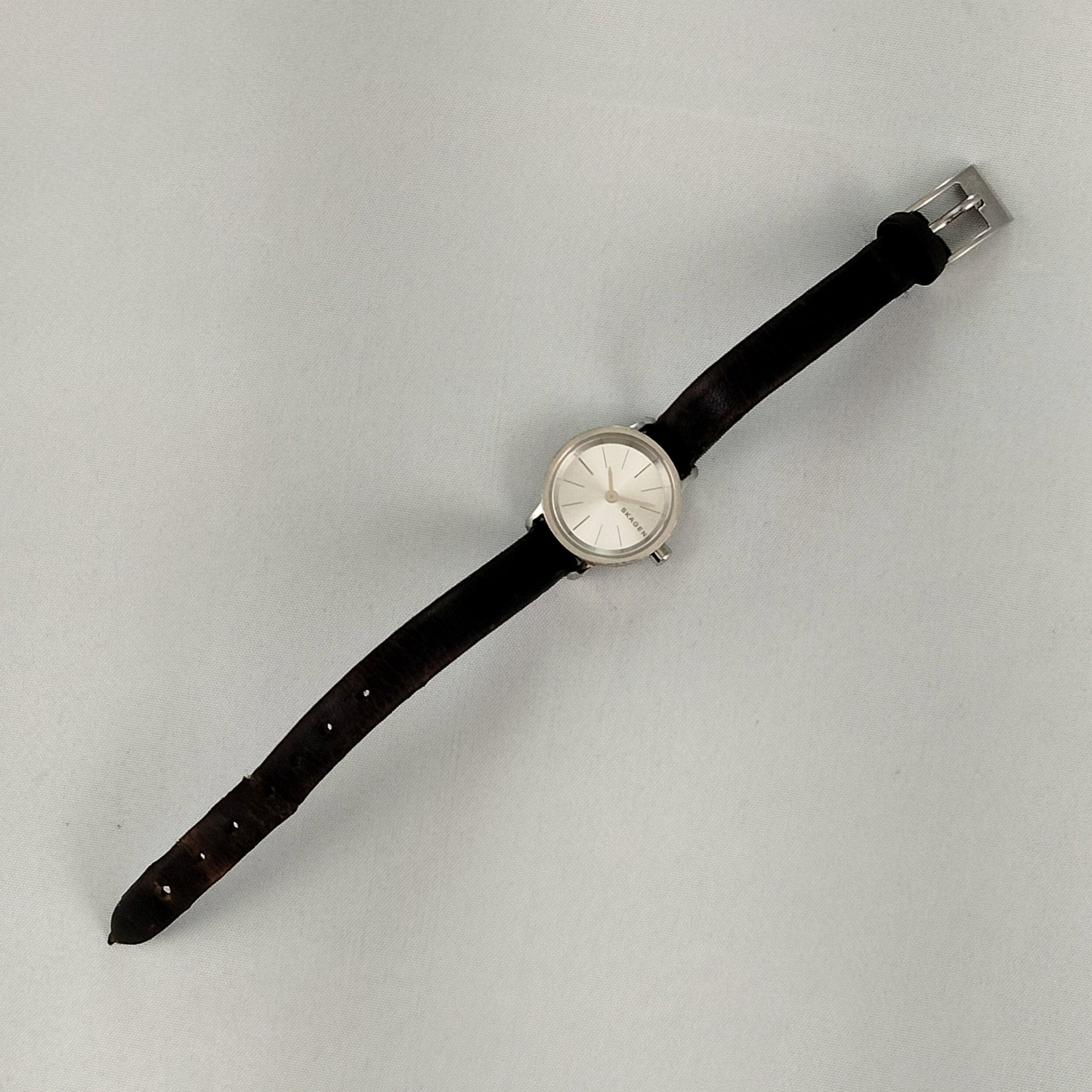 I Like Mikes Mid Century Modern Watches Skagen Women's Stainless Steel Watch, Thin Dark Brown Leather Strap