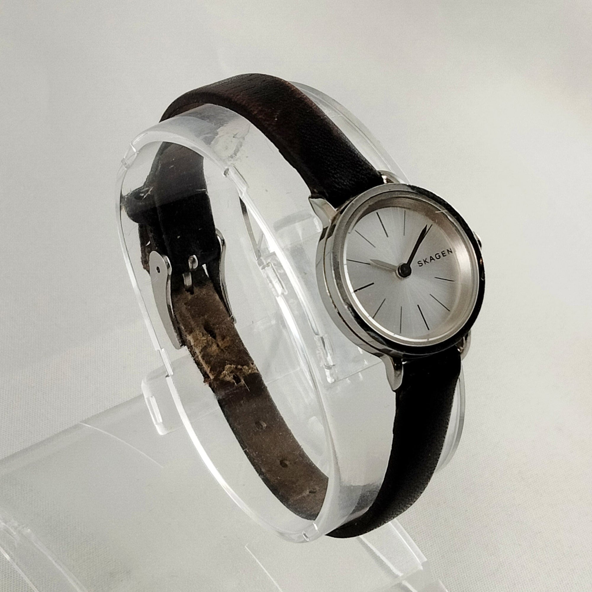 I Like Mikes Mid Century Modern Watches Skagen Women's Stainless Steel Watch, Thin Dark Brown Leather Strap