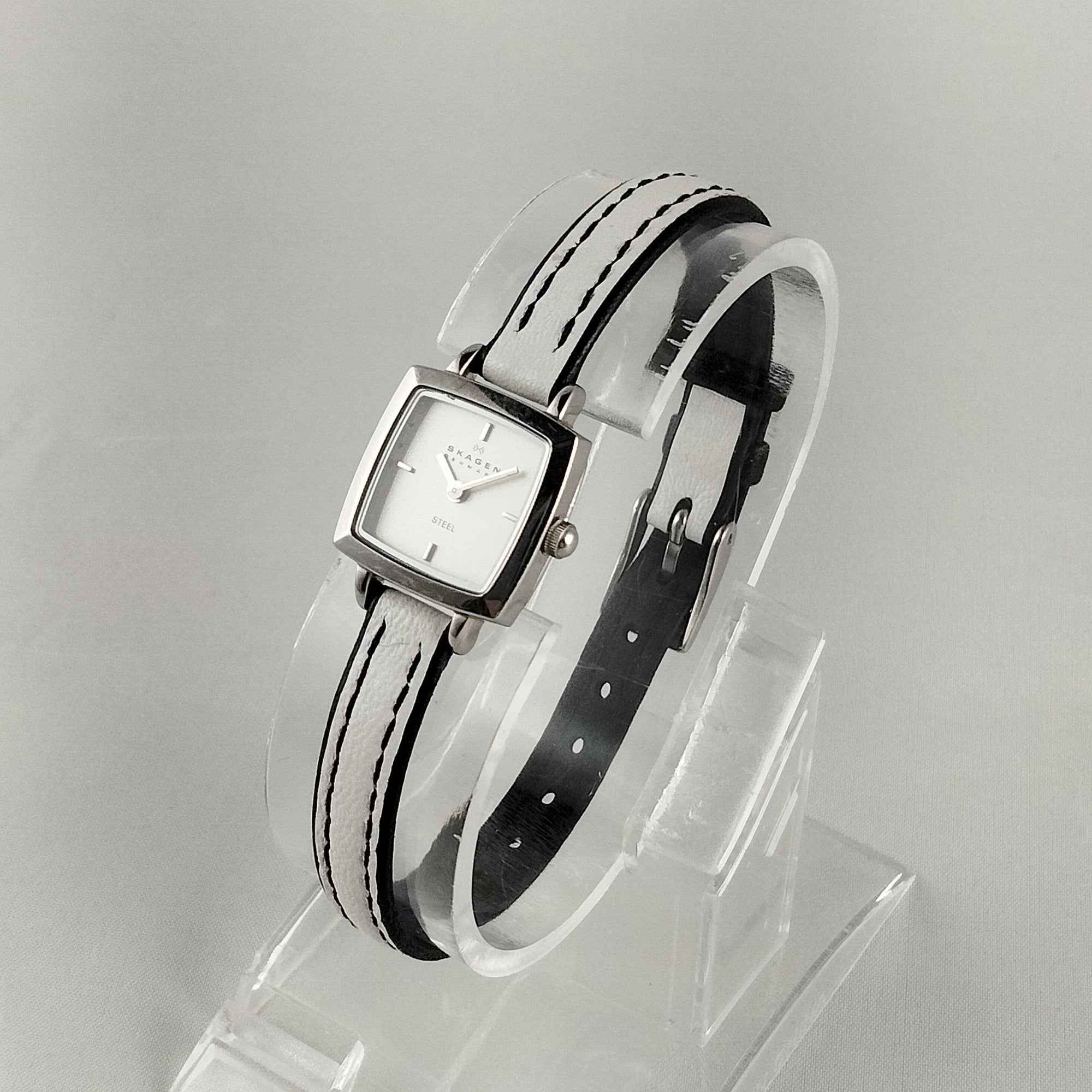 I Like Mikes Mid Century Modern Watches Skagen Women's Stainless Steel Watch, Tiny Square Face, Thin White Genuine Leather Strap