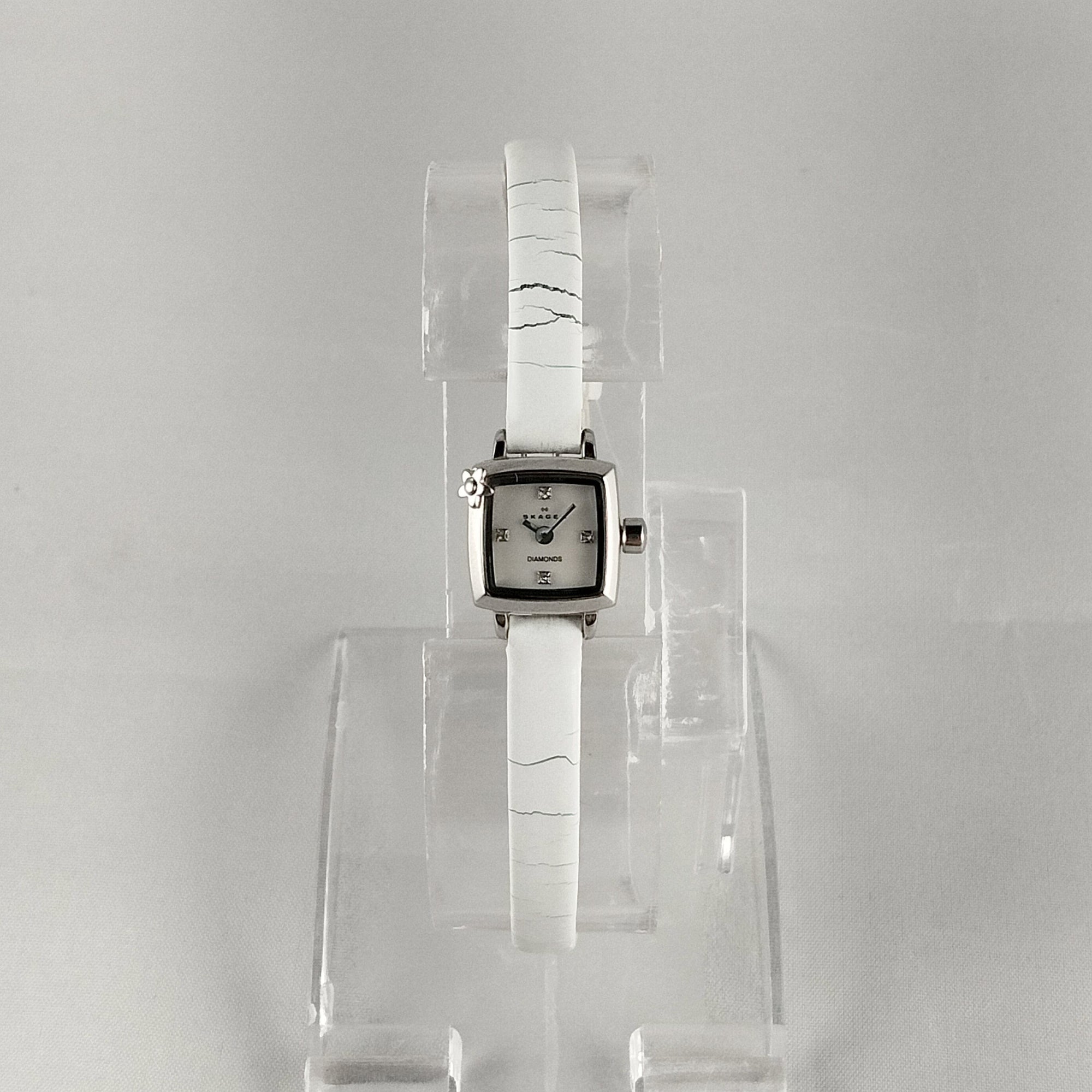 I Like Mikes Mid Century Modern Watches Skagen Women's Stainless Steel Watch, Tiny Square Face, White Genuine Leather Strap