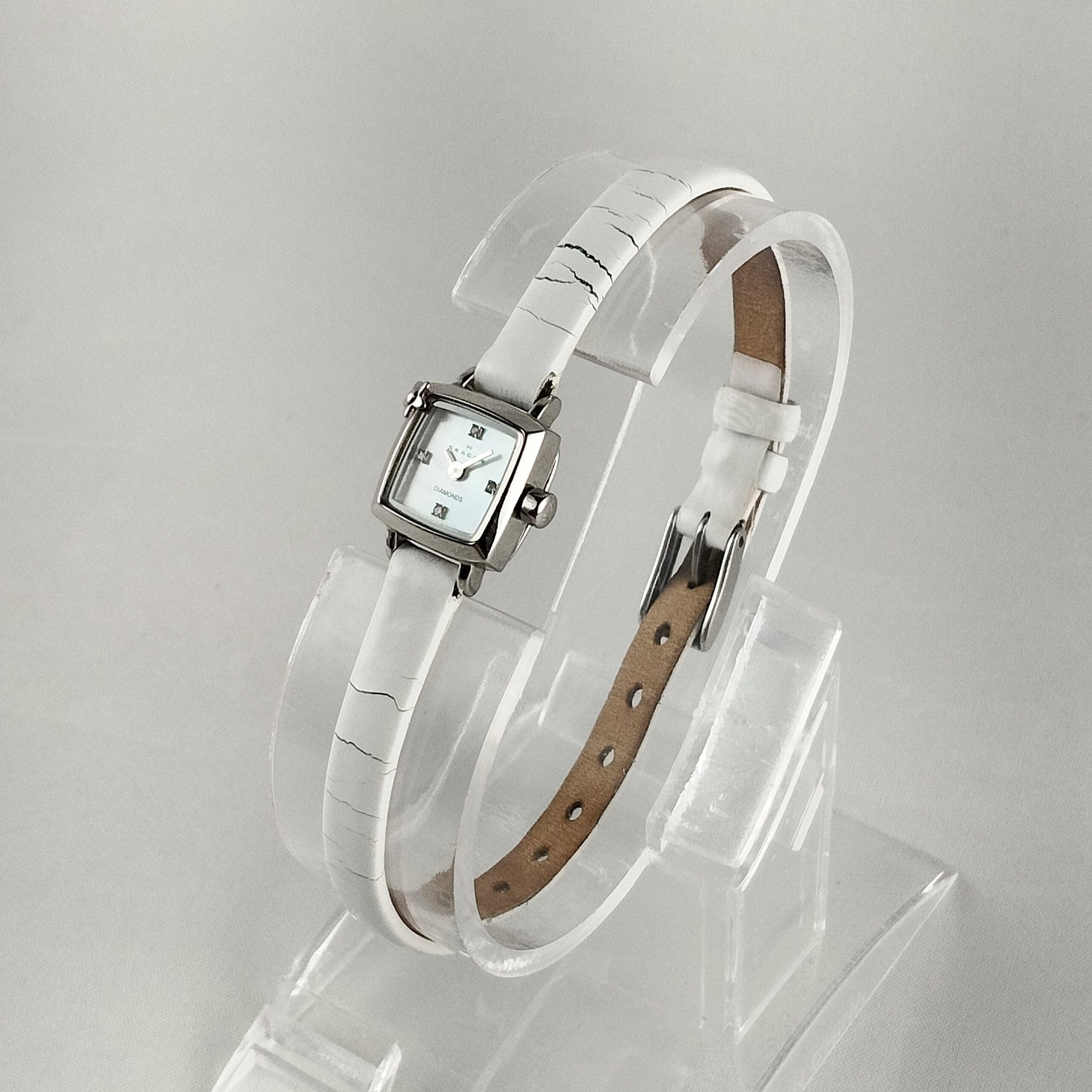 I Like Mikes Mid Century Modern Watches Skagen Women's Stainless Steel Watch, Tiny Square Face, White Genuine Leather Strap