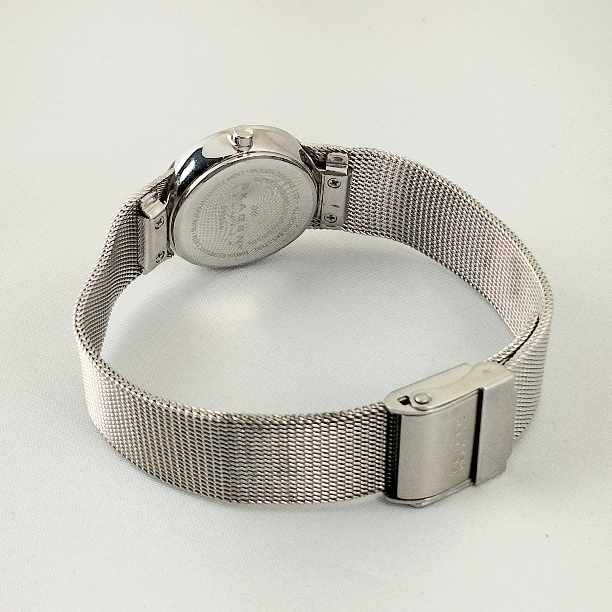 I Like Mikes Mid Century Modern Watches Skagen Women's Stainless Steel Watch, White Dial, Jewel Hour Markers, Mesh Strap