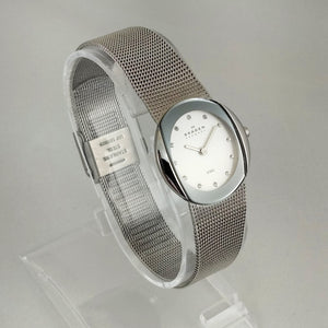 I Like Mikes Mid Century Modern Watches Skagen Women's Stainless Steel Watch, White Dial, Jewel Hour Markers, Mesh Strap