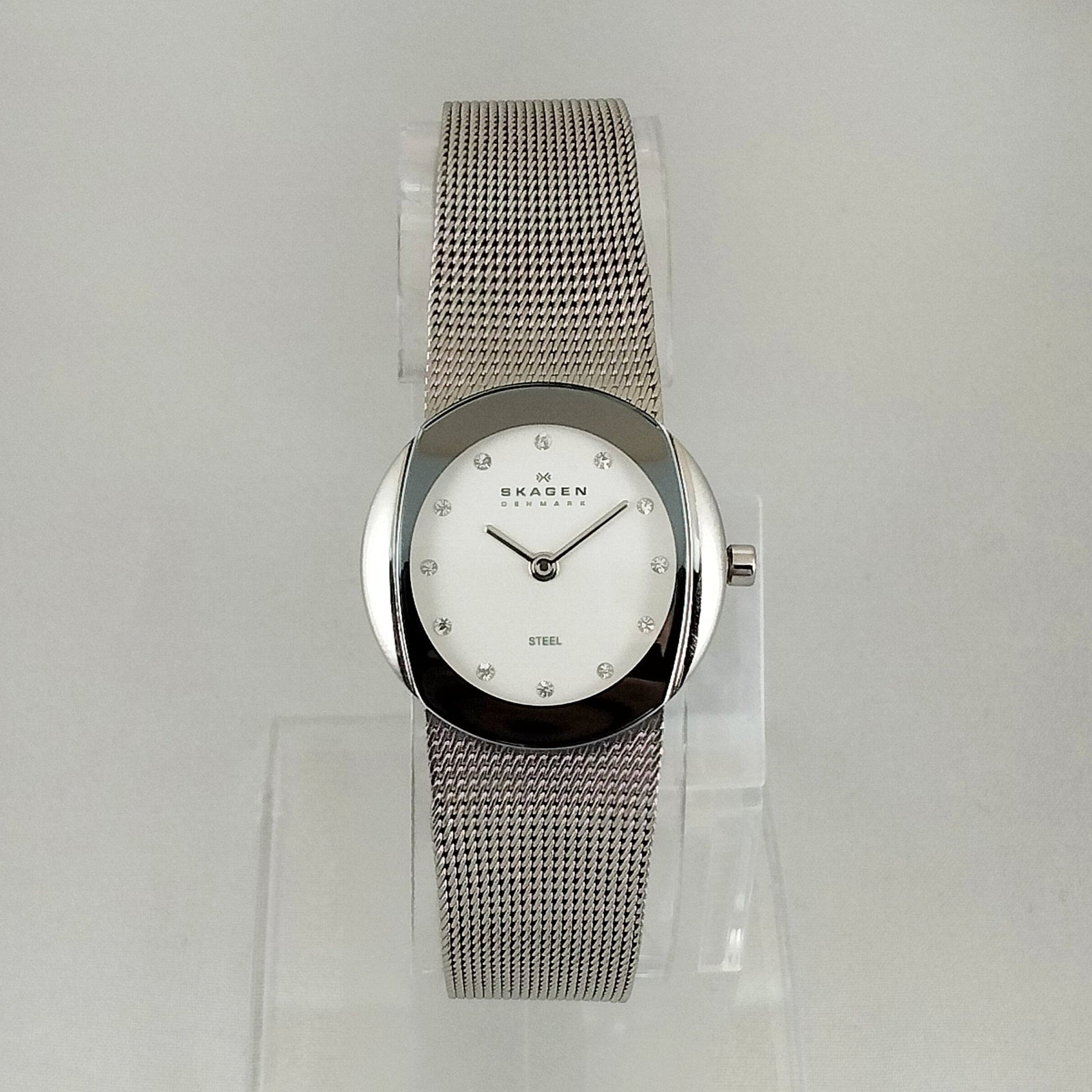I Like Mikes Mid Century Modern Watches Skagen Women's Stainless Steel Watch, White Dial, Jewel Hour Markers, Mesh Strap