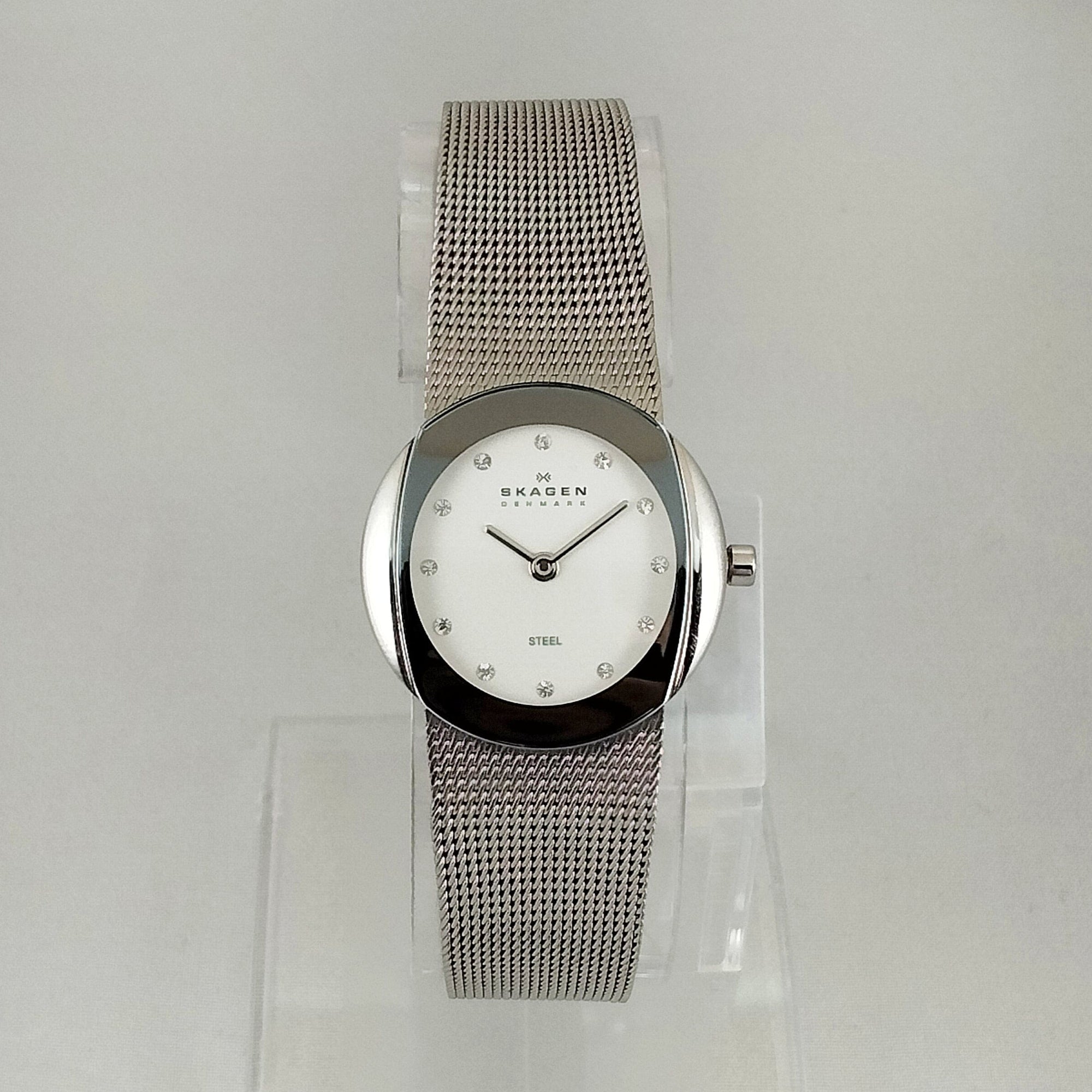 I Like Mikes Mid Century Modern Watches Skagen Women's Stainless Steel Watch, White Dial, Jewel Hour Markers, Mesh Strap