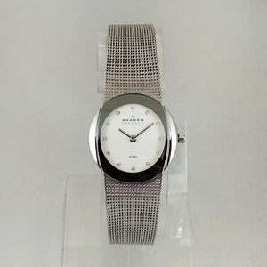 I Like Mikes Mid Century Modern Watches Skagen Women's Stainless Steel Watch, White Dial, Jewel Hour Markers, Mesh Strap