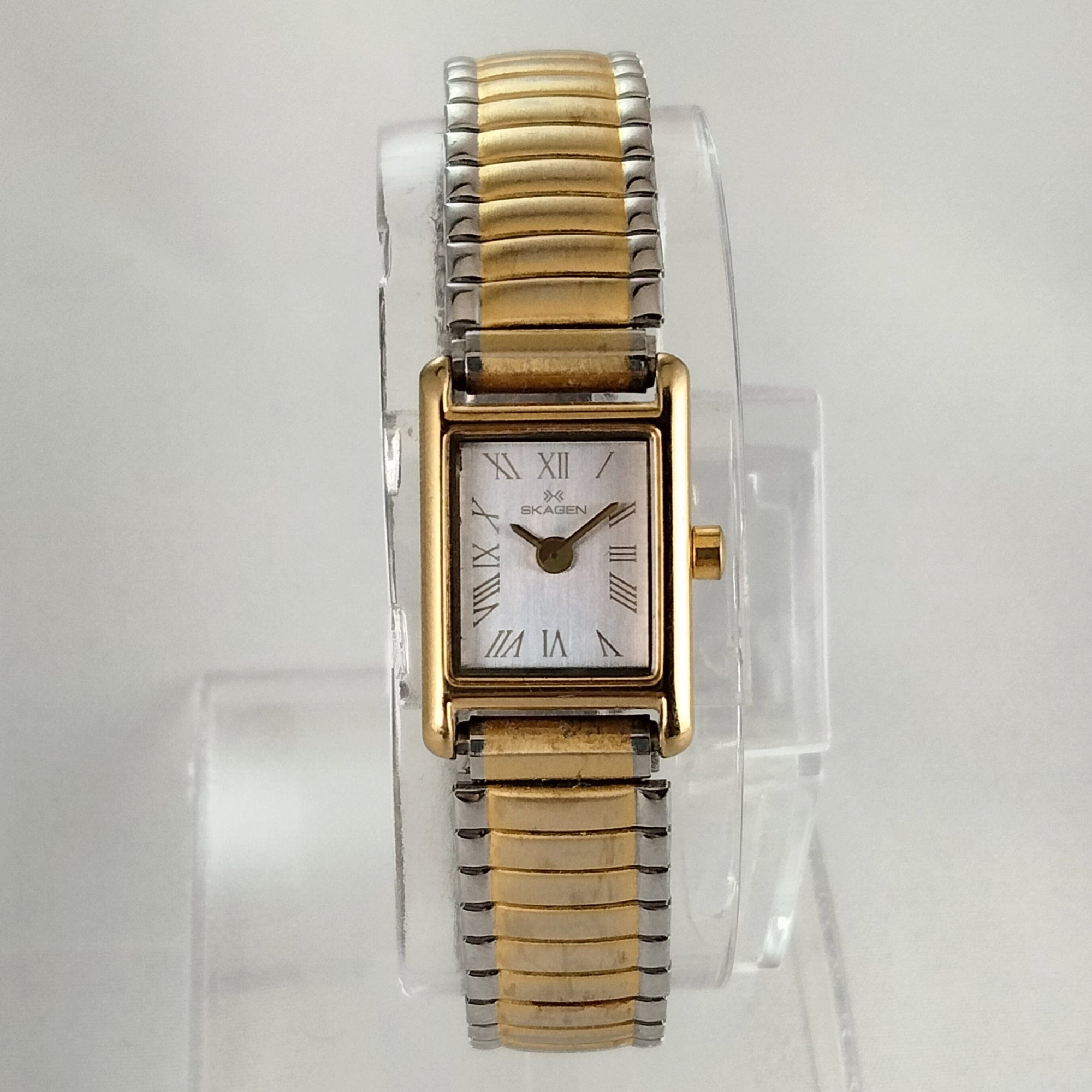 I Like Mikes Mid Century Modern Watches Skagen Women's Stainless Steel Watch with Roman Numeral Hour Markers, Gold Tone Details, Stretch Expansion Strap
