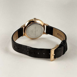 I Like Mikes Mid Century Modern Watches Skagen Women's Watch, Black Dial, Rose Gold Tone Details, Genuine Leather Strap