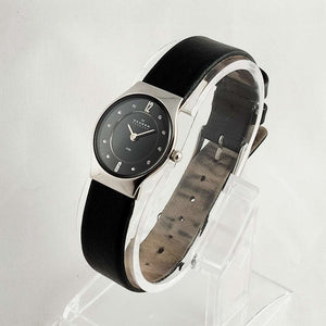 I Like Mikes Mid Century Modern Watches Skagen Women's Watch, Jewel Details, Black Genuine Leather Strap