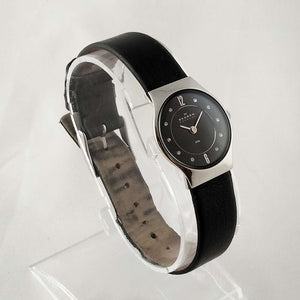 I Like Mikes Mid Century Modern Watches Skagen Women's Watch, Jewel Details, Black Genuine Leather Strap