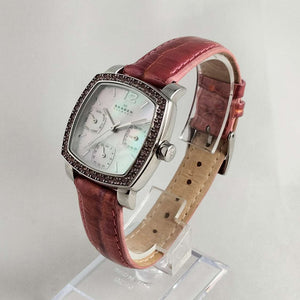 I Like Mikes Mid Century Modern Watches Skagen Women's Watch, Mother of Pearl Dial, Jewel Details, Pink Genuine Leather Strap