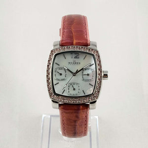I Like Mikes Mid Century Modern Watches Skagen Women's Watch, Mother of Pearl Dial, Jewel Details, Pink Genuine Leather Strap